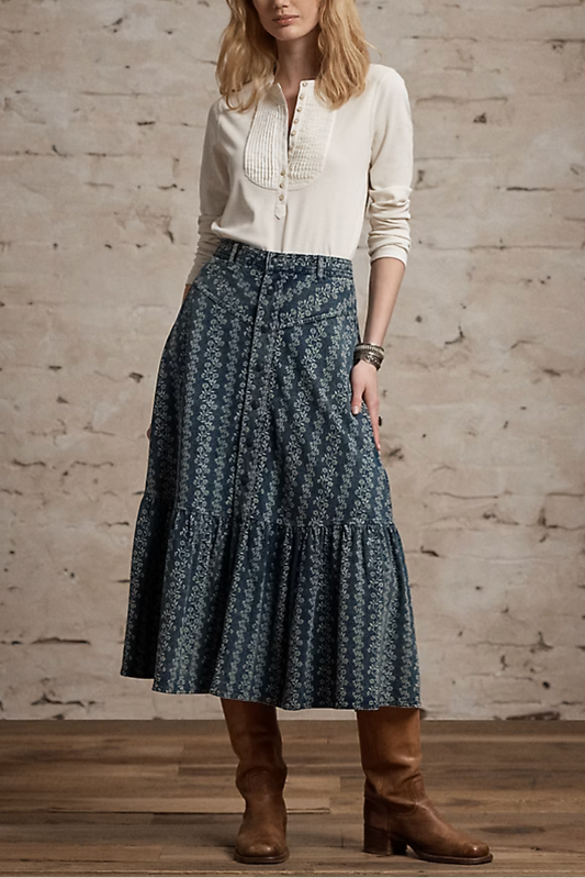 Indigo Floral-Print Jersey Skirt
