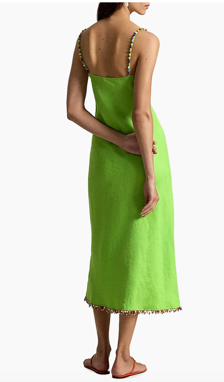 Bead Trim Linen Slip Dress