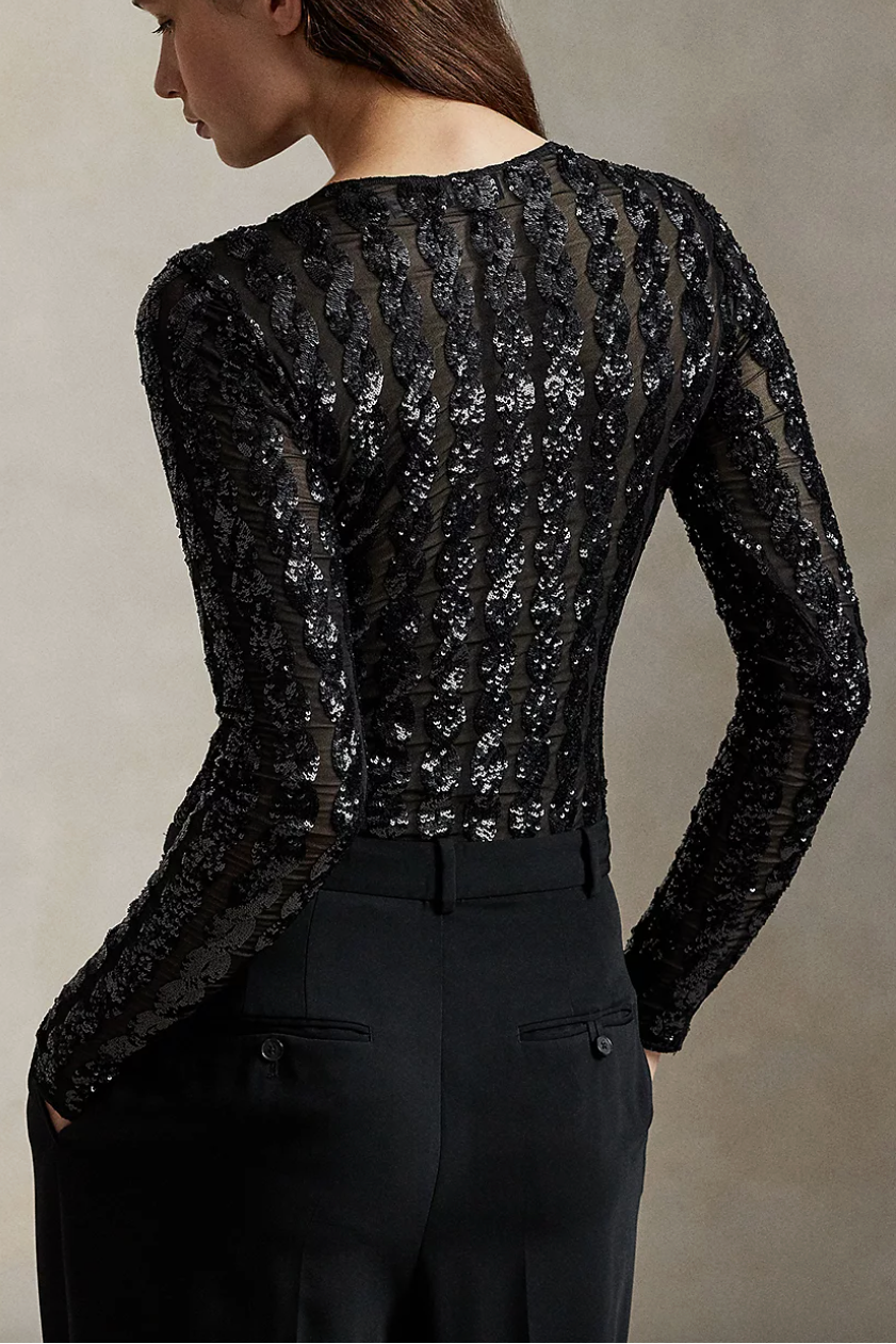 Cable-Sequin Mesh Bodysuit