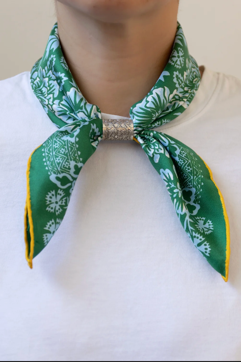 Silk Twill Patterned Scarf - 35x35 Large in Green