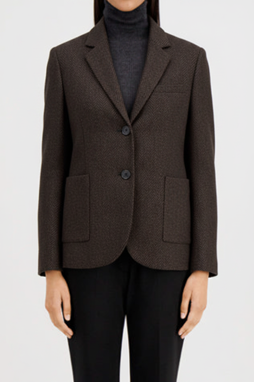 Women Stand Up Collar Patterned Moleskin in Brown Herringbone