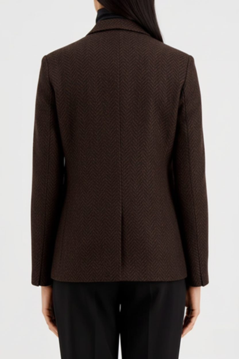 Women Stand Up Collar Patterned Moleskin in Brown Herringbone