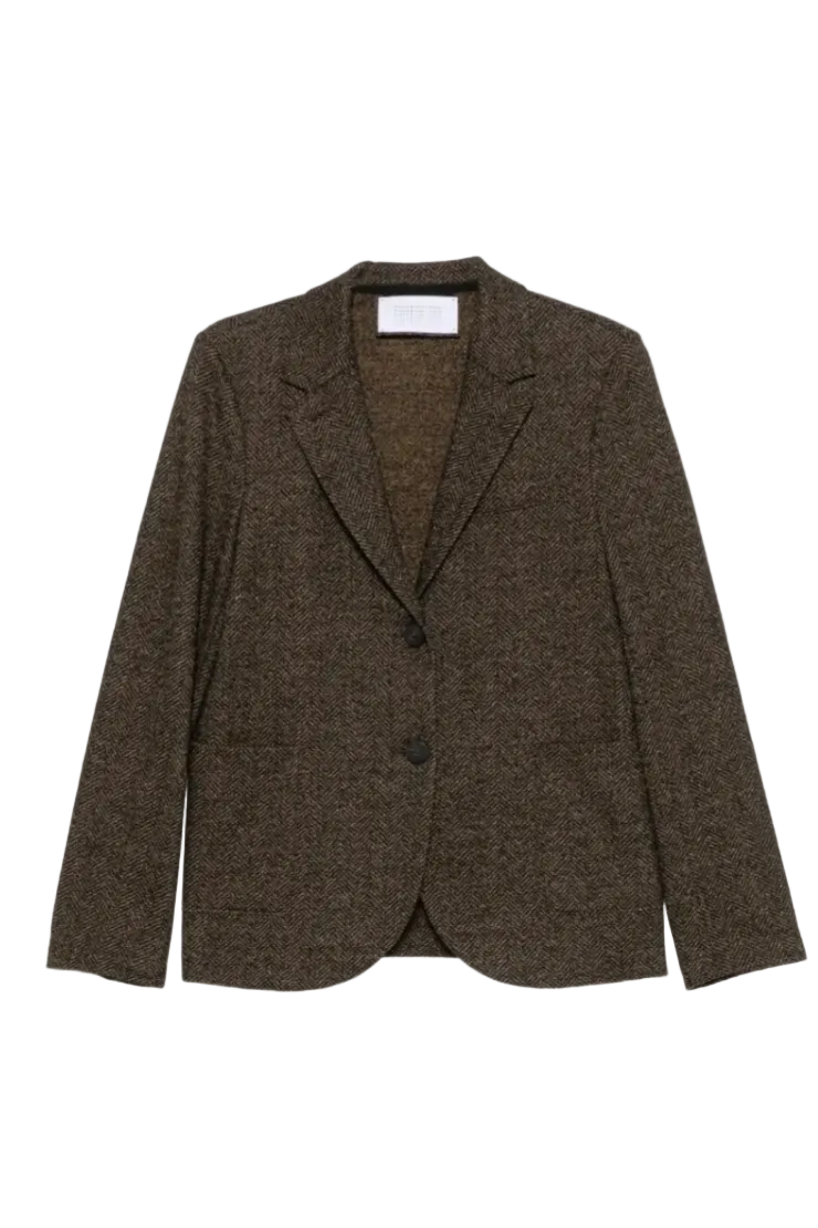 Women Stand Up Collar Patterned Moleskin in Brown Herringbone