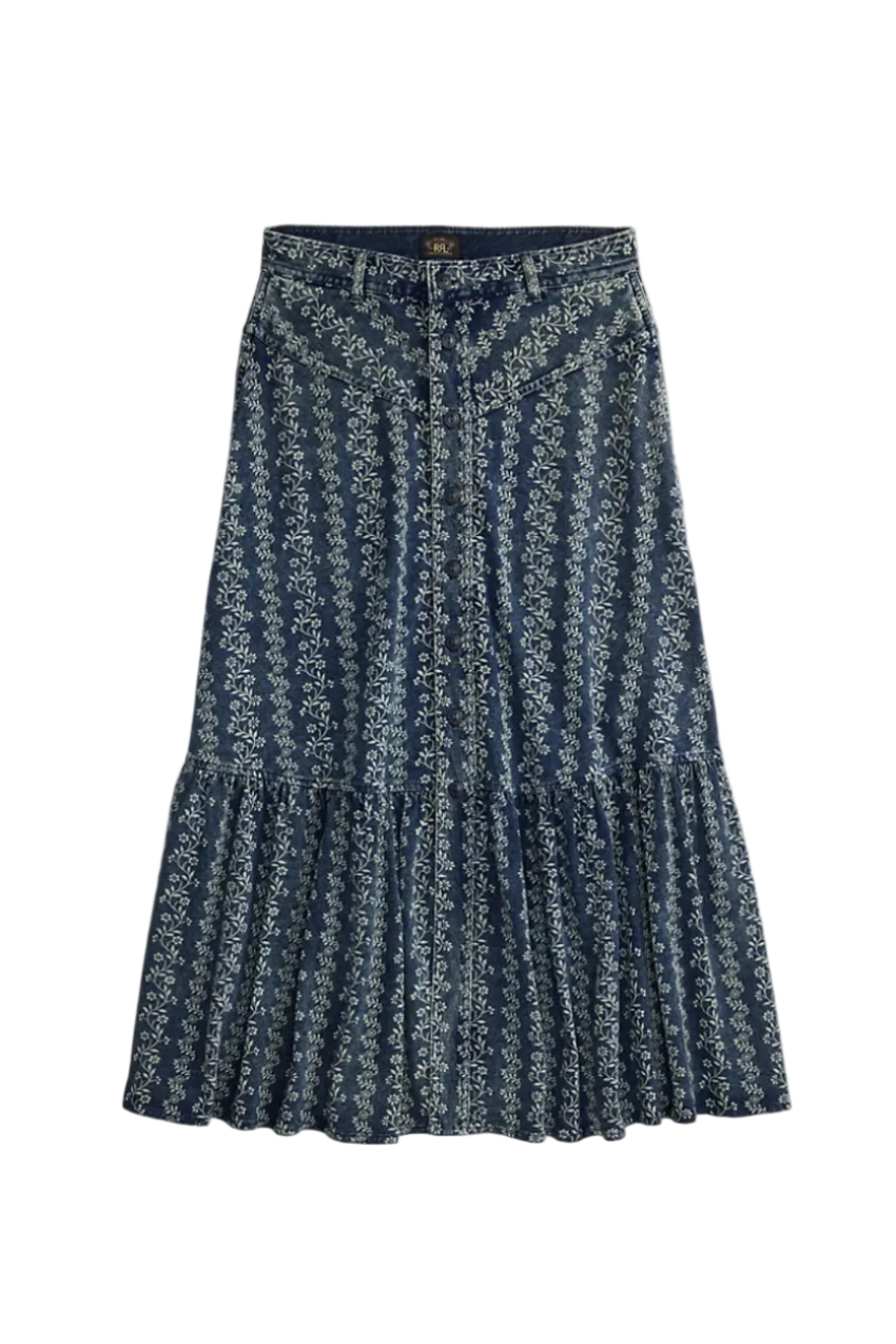 Indigo Floral-Print Jersey Skirt