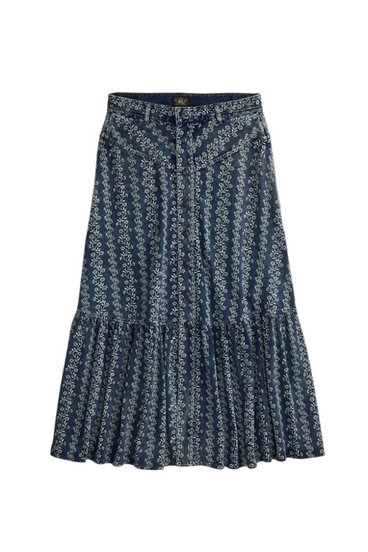 Indigo Floral-Print Jersey Skirt