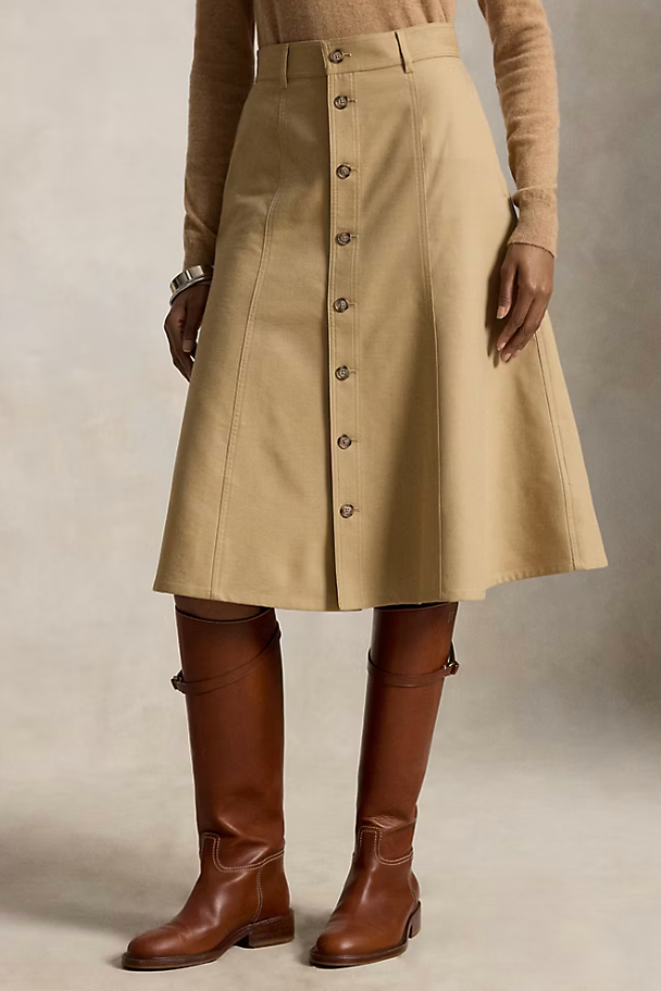 Cotton‑Wool Twill Midi Skirt