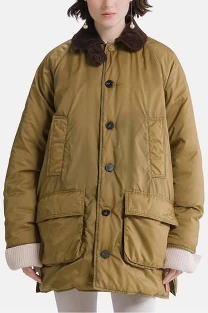 Nylon Midi British Jacket with Corduroy Details
