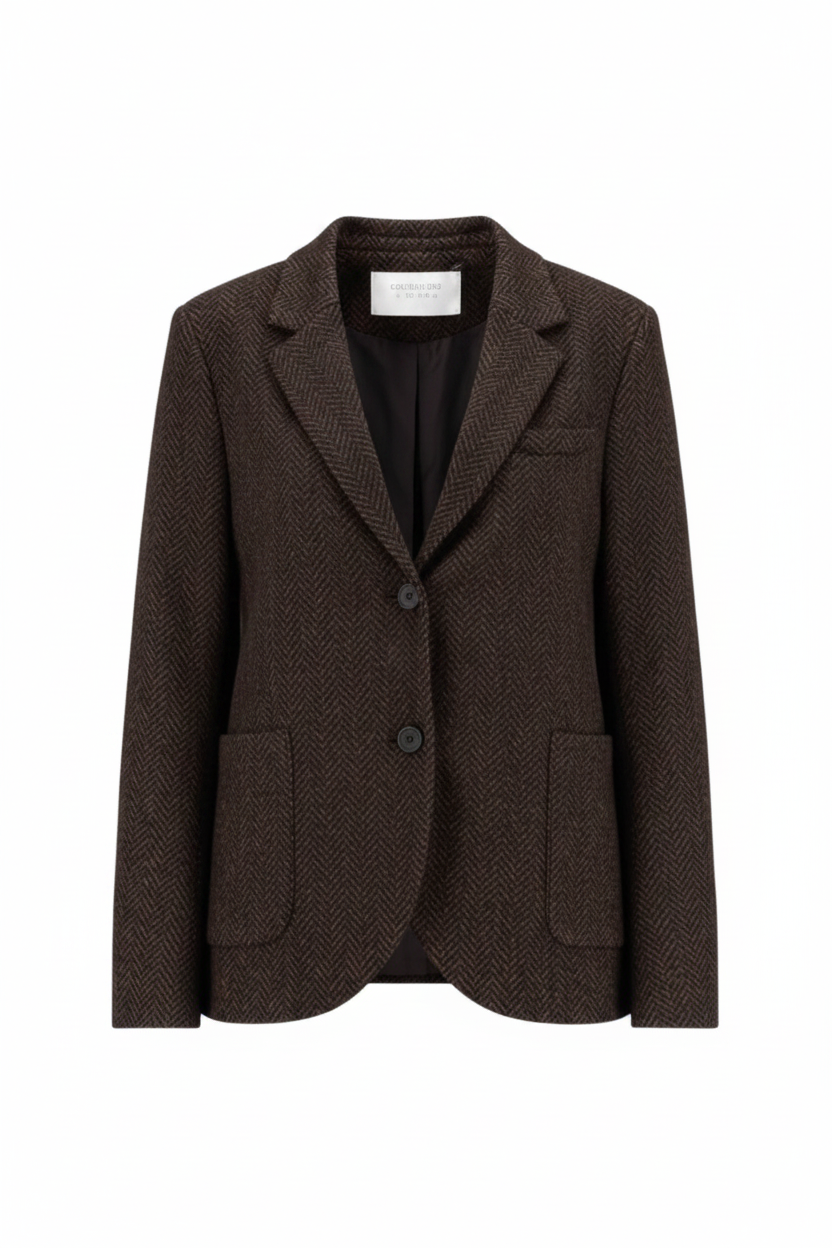 Women Stand Up Collar Patterned Moleskin in Brown Herringbone
