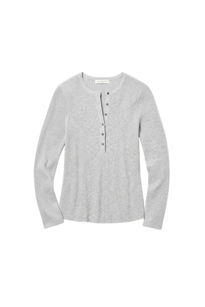 Nia Long-Sleeved Ribbed Henley in Pale Heather Grey