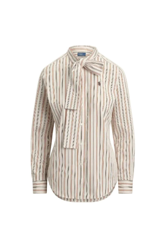 Slim Fit Striped Cotton Tie-Neck Shirt
