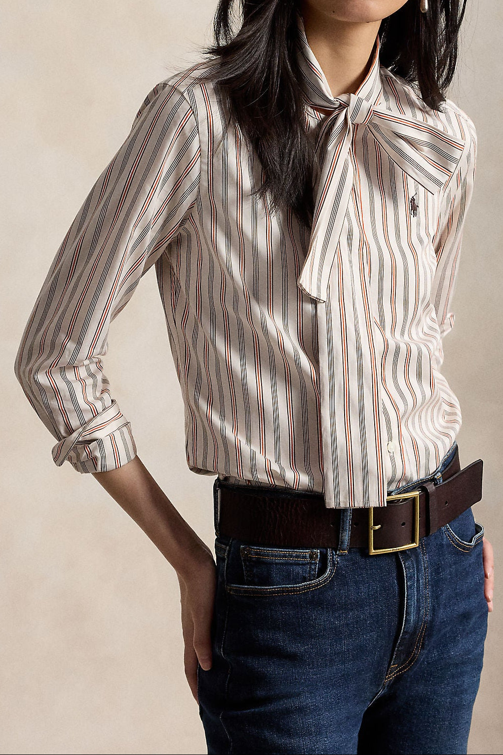 Slim Fit Striped Cotton Tie-Neck Shirt