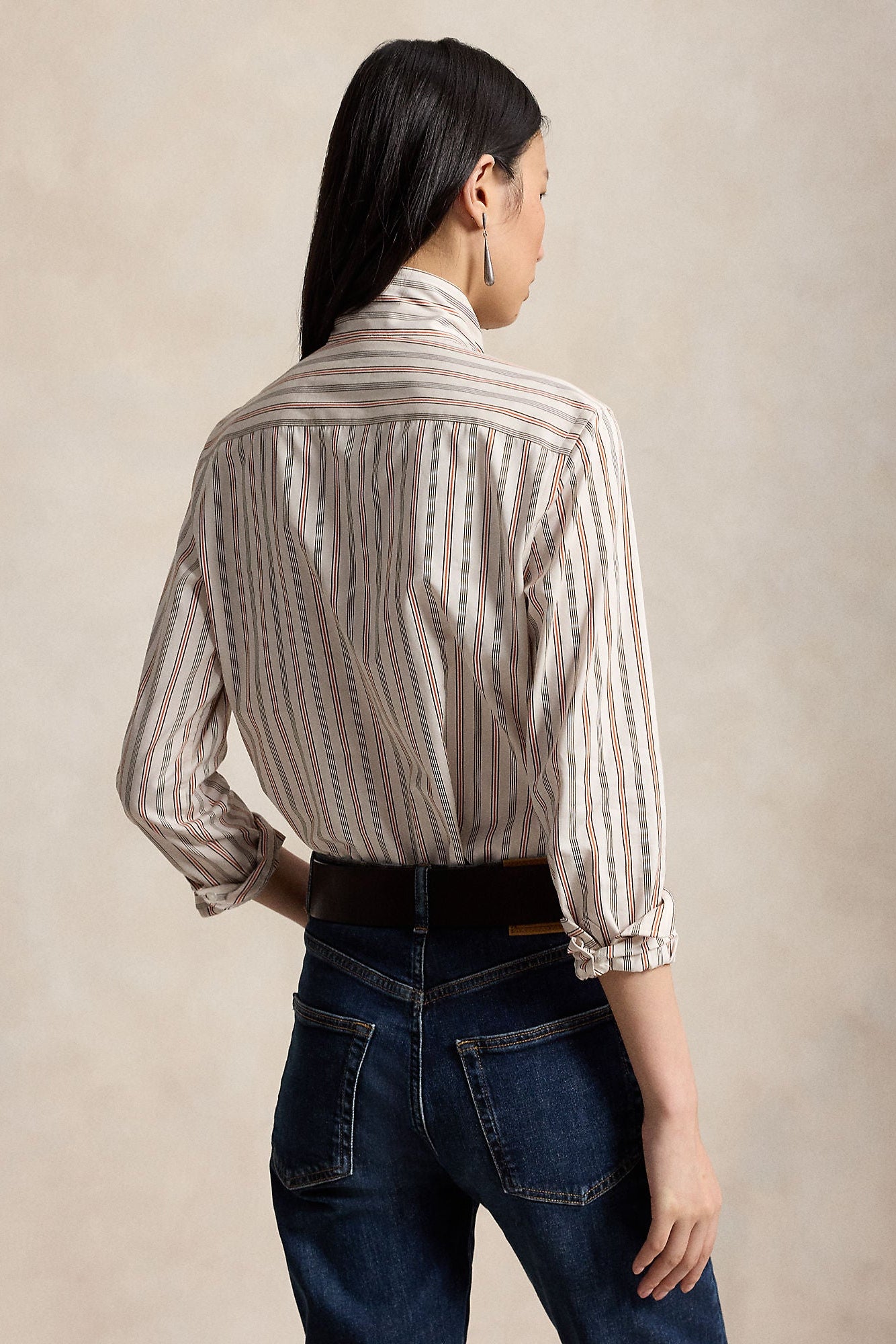 Slim Fit Striped Cotton Tie-Neck Shirt
